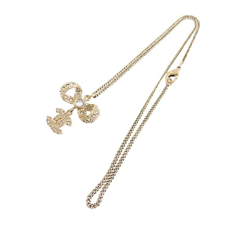 Chanel Gold Plated CC Bow Crystal Pendant Necklace Gold Metal Good condition - Inside View