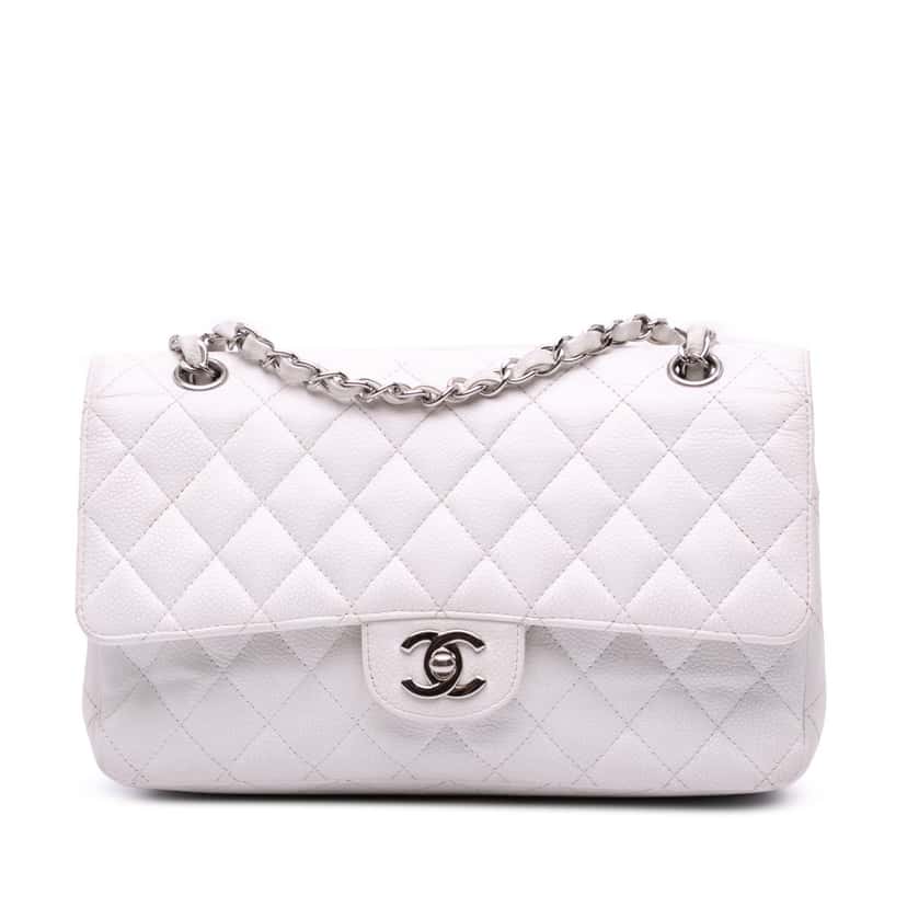 Chanel Medium Classic Caviar Double Flap White Leather Good condition - Front View