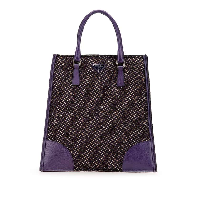 Prada Vitello Trimmed Tweed Flat Tote Purple Tweed Good condition - Front View