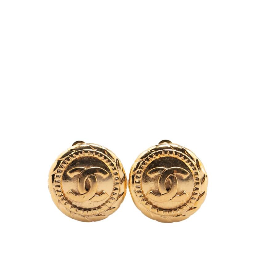Chanel Gold Plated CC Round Clip On Earrings Gold Metal Good condition - Front View