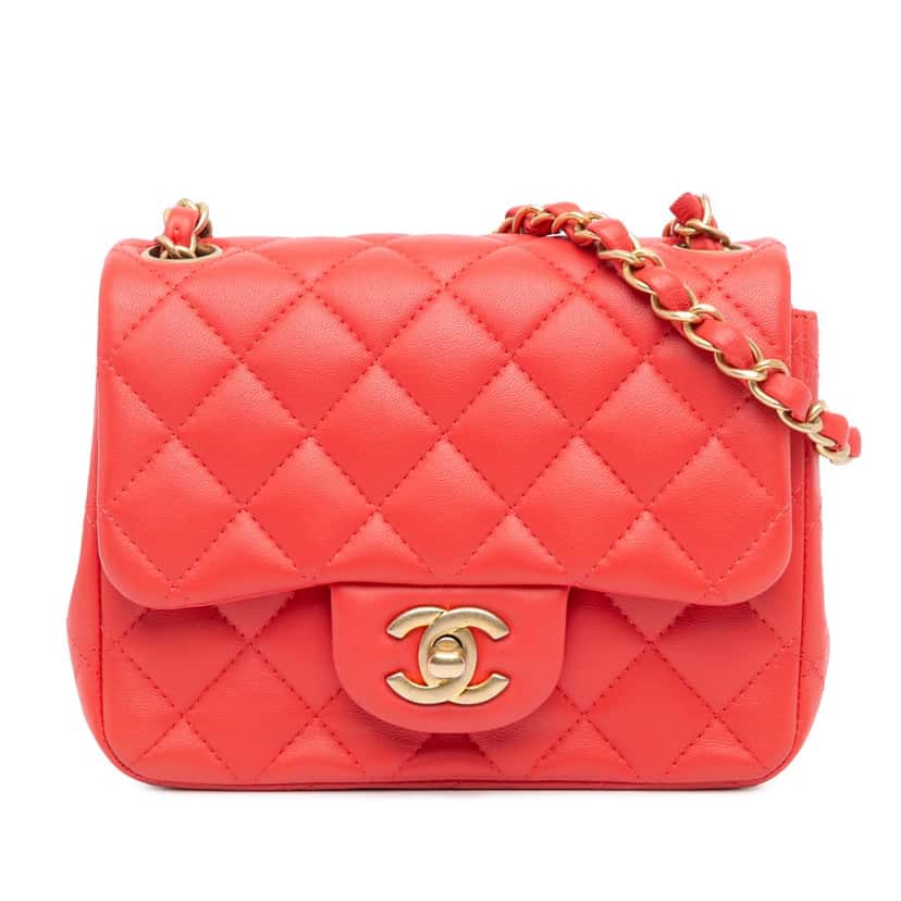 Chanel Mini Square Classic Lambskin Single Flap Red Leather Good condition - Front View