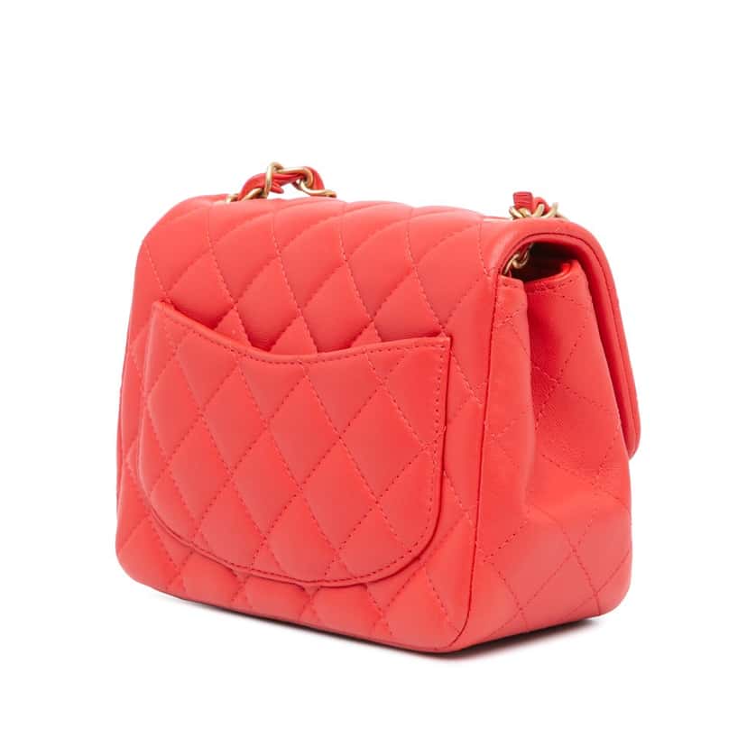Chanel Mini Square Classic Lambskin Single Flap Red Leather Good condition - Back View