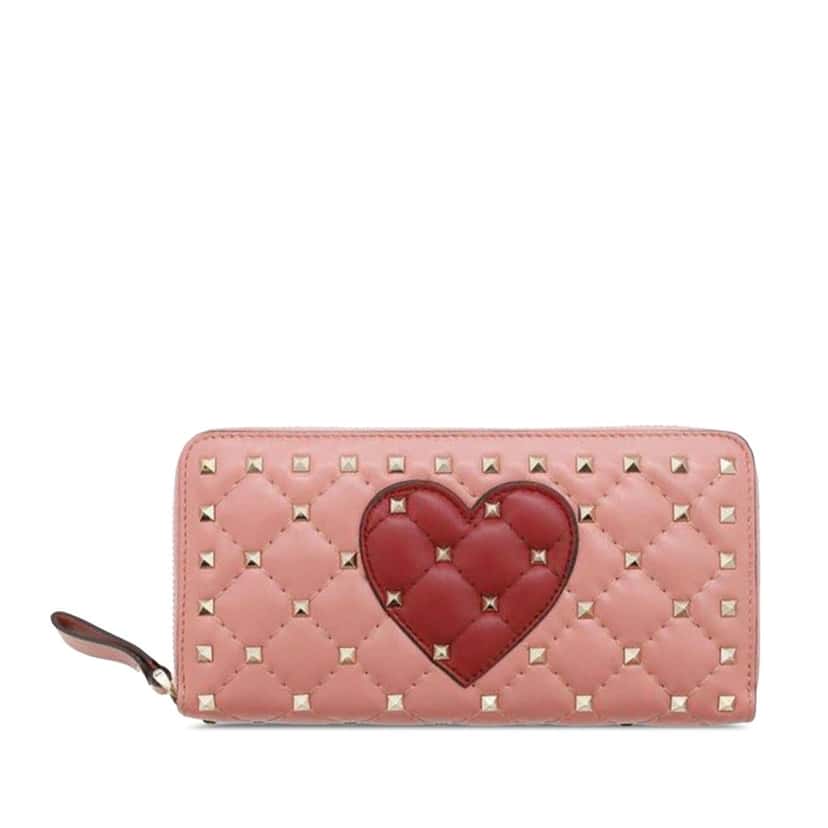 Valentino Lambskin Rockstud Spike Heart Zip Around Wallet Pink Leather Good condition - Front View