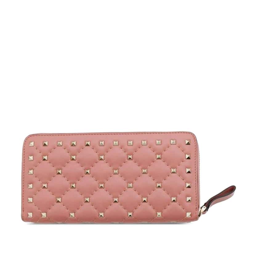 Valentino Lambskin Rockstud Spike Heart Zip Around Wallet Pink Leather Good condition - Back View