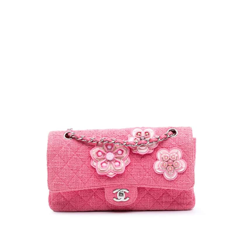 Chanel Medium Classic Tweed Beaded Flower Double Flap Pink Tweed Good condition - Front View