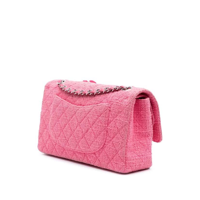 Chanel Medium Classic Tweed Beaded Flower Double Flap Pink Tweed Good condition - Back View