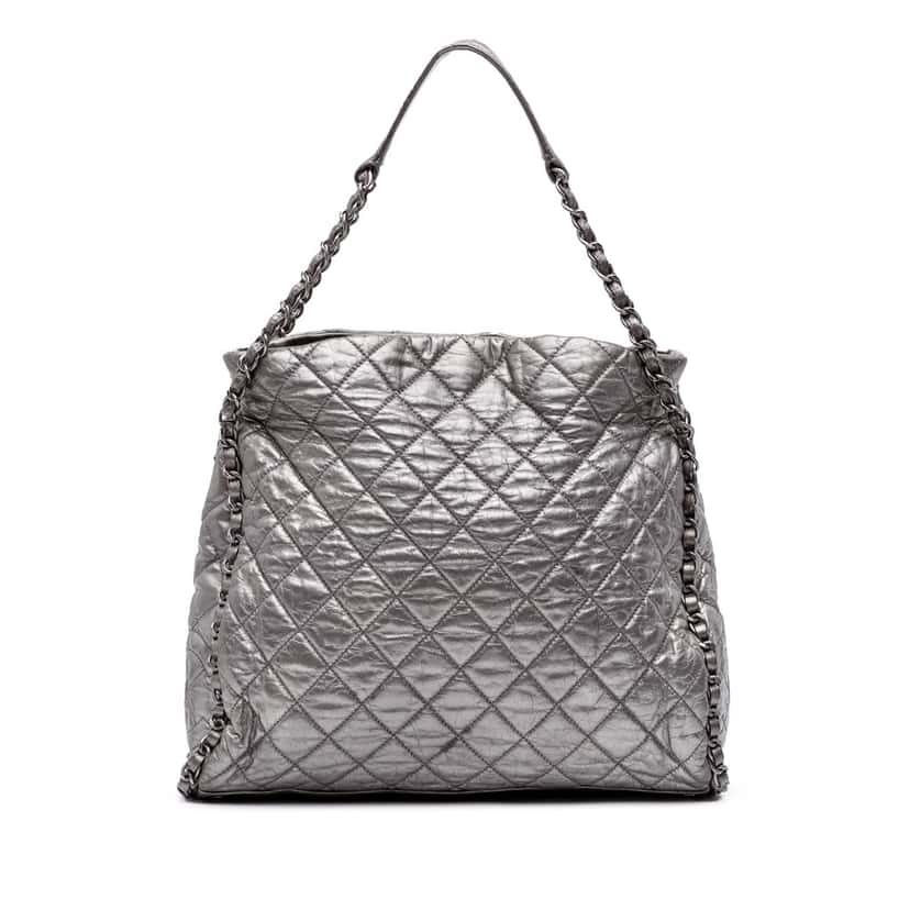 Chanel Large Quilted Metallic Calfskin Chain Me Hobo Silver Leather Good condition - Front View