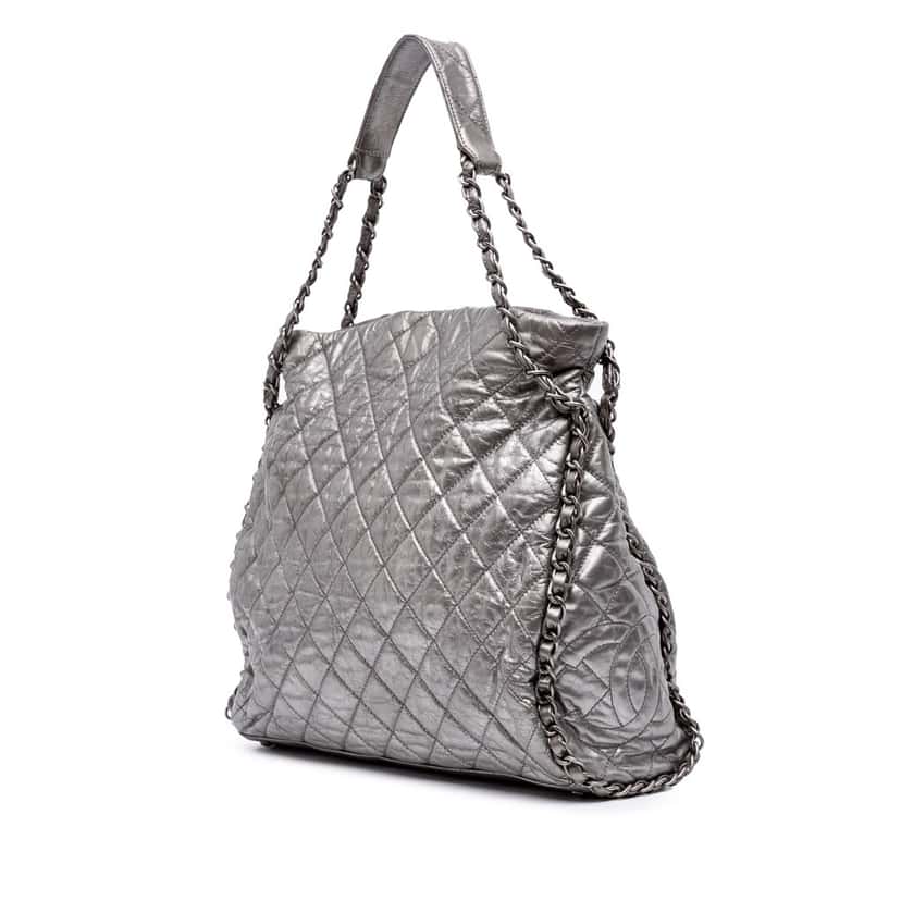 Chanel Large Quilted Metallic Calfskin Chain Me Hobo Silver Leather Good condition - Back View