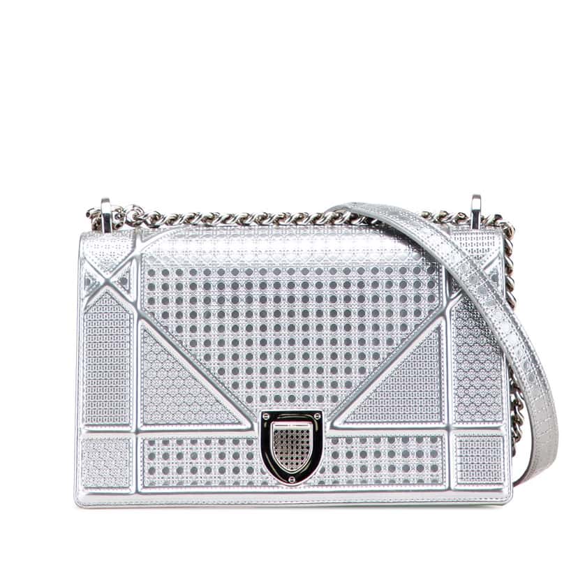 Dior Medium Metallic Patent Microcannage Diorama Flap Silver Leather Good condition - Front View