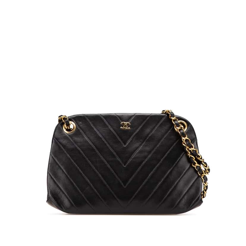 Chanel CC Chevron Lambskin Frame Chain Shoulder Bag Black Leather Good condition - Front View