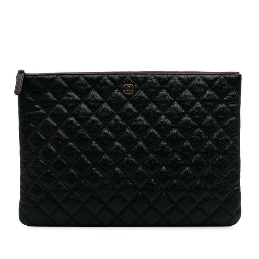 Chanel Large Quilted Caviar O Case Clutch Black Leather Good condition - Front View