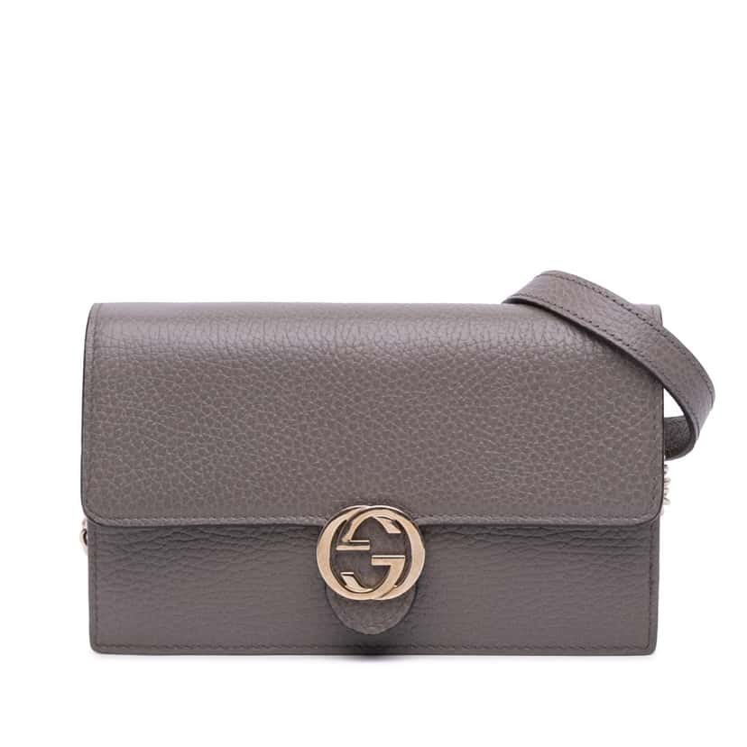 Gucci Leather Interlocking G Dollar Wallet on Chain Grey Leather Good condition - Front View