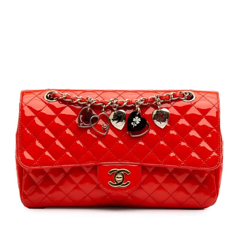 Chanel Medium Classic Patent Valentines Heart Charms Single Flap Red Leather Good condition - Front View