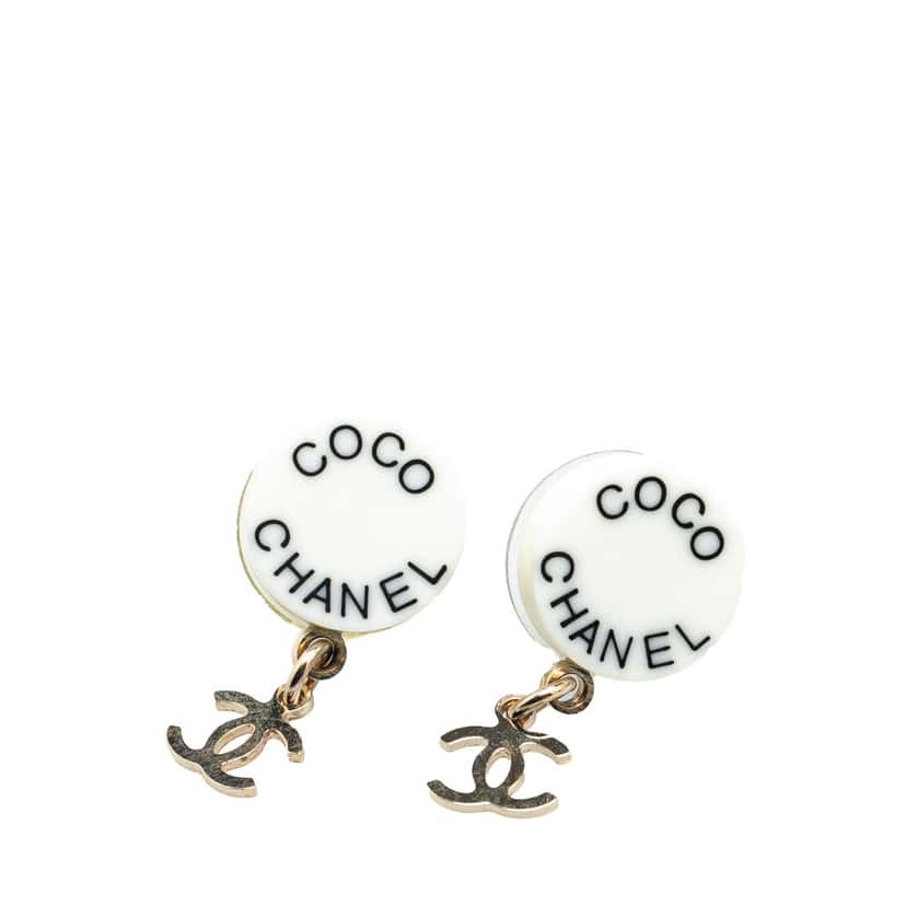 Chanel Gold Plated Acrylic CC Dangle Coco Chanel Push Back Earrings White Good condition - Front View
