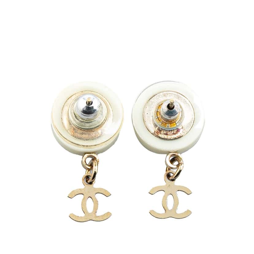 Chanel Gold Plated Acrylic CC Dangle Coco Chanel Push Back Earrings White Good condition - Back View