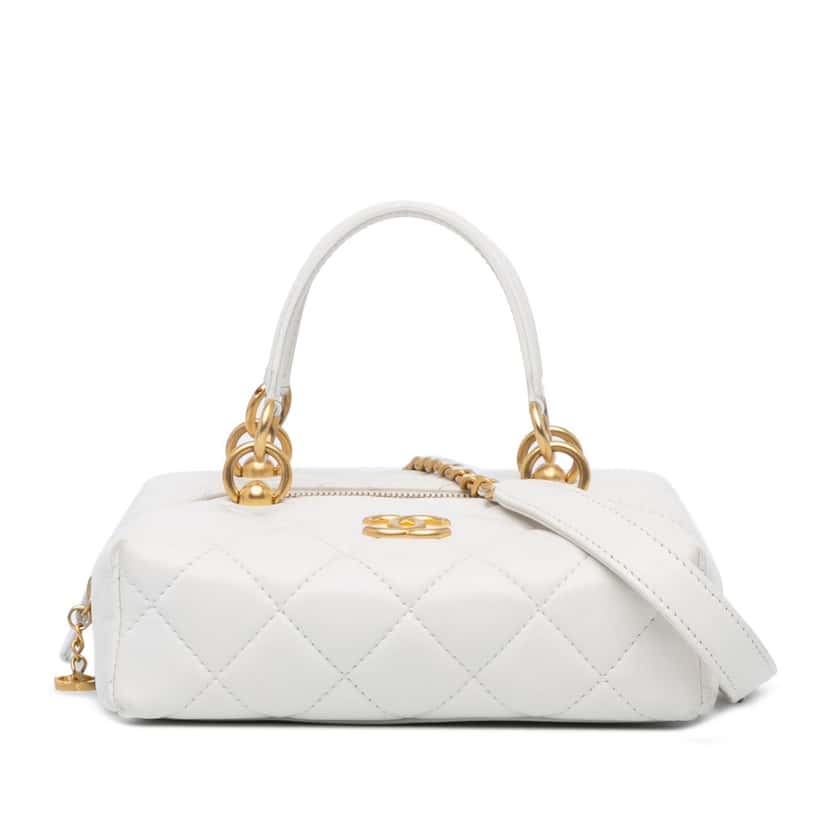 Chanel Métiers d'Art CC Quilted Lambskin Box with Top Handle Bag White Leather Very good condition - Front View