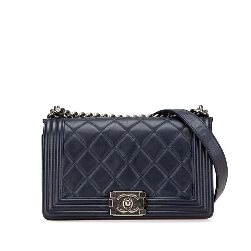 Chanel Old Medium Quilted Calfskin Boy Flap Blue Leather Good condition - Front View