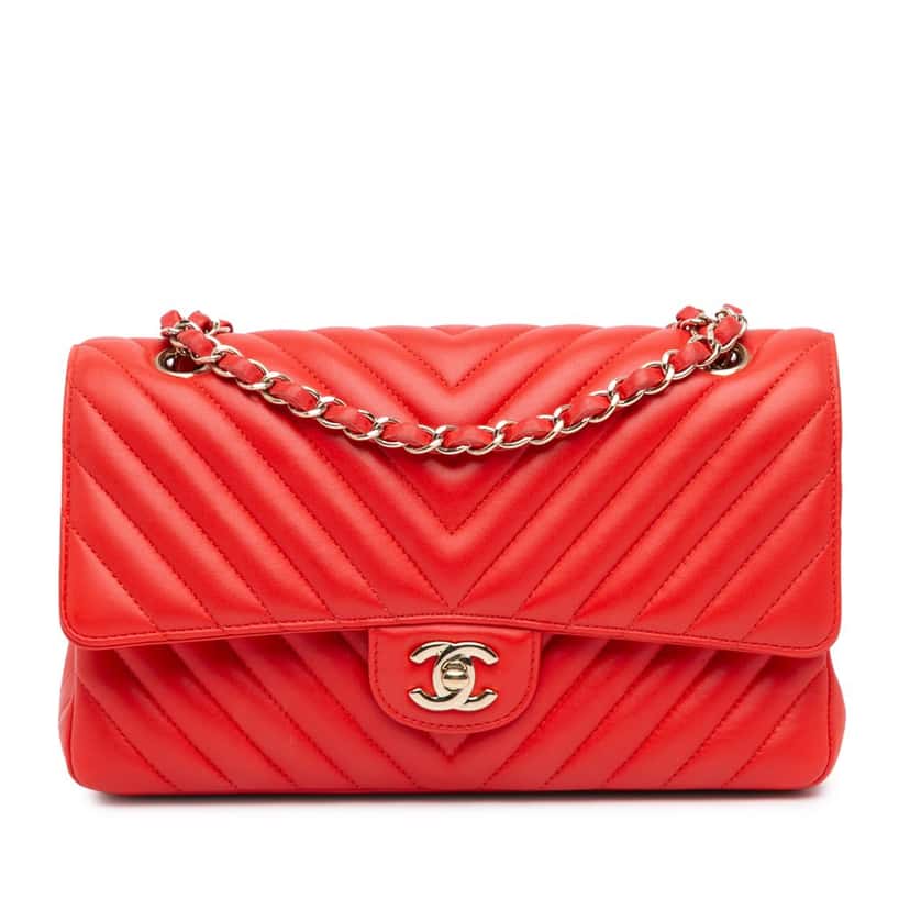 Chanel Medium Classic Chevron Lambskin Double Flap Red Leather Good condition - Front View