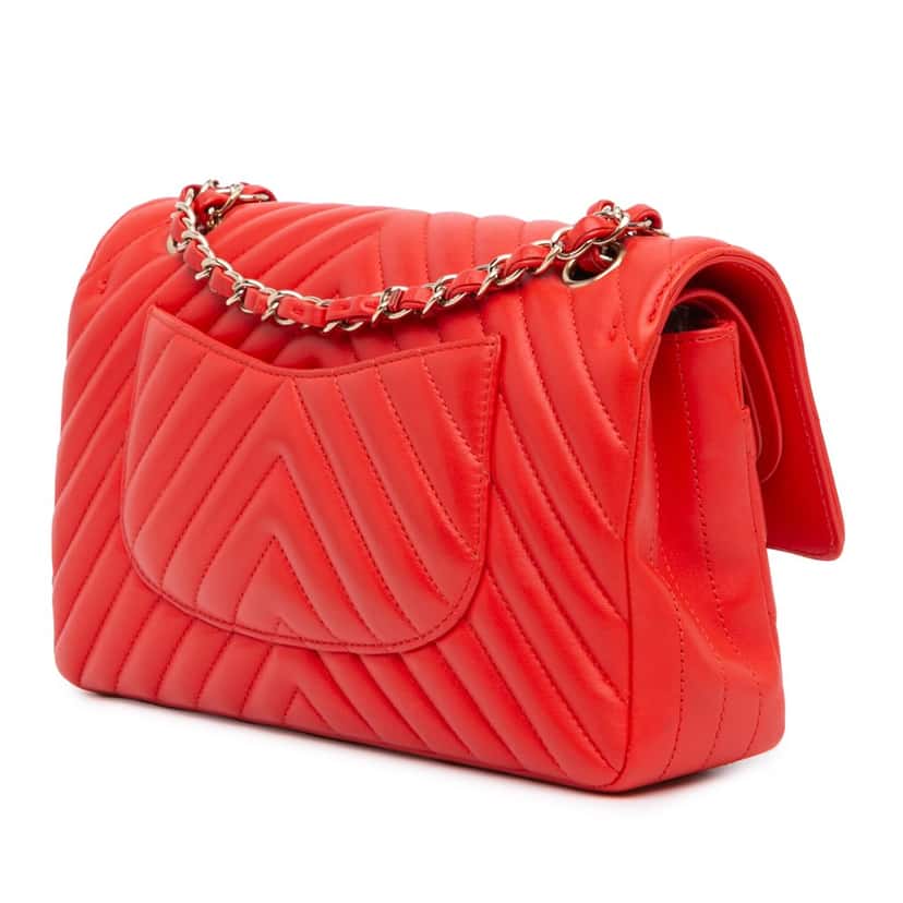 Chanel Medium Classic Chevron Lambskin Double Flap Red Leather Good condition - Back View