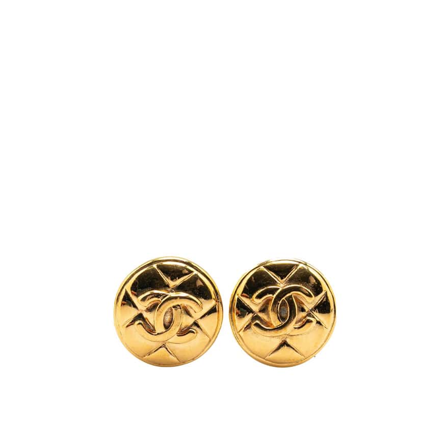Chanel Gold Plated CC Quilted Round Clip on Earrings Gold Metal Good condition - Front View