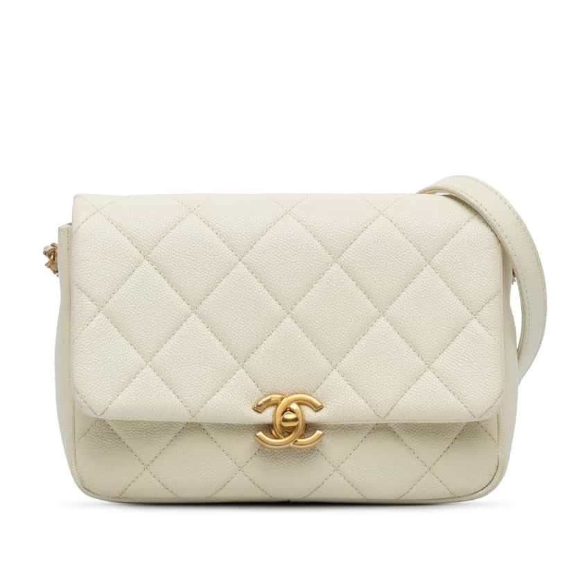 Chanel Small Quilted Caviar Chain Melody Flap White Leather Very good condition - Front View