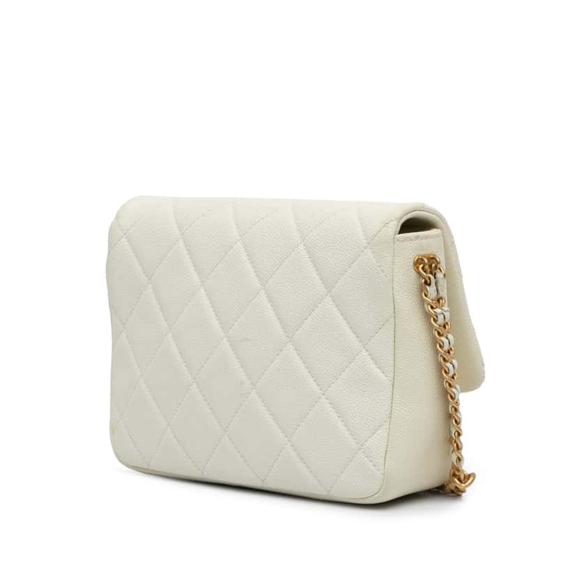 Chanel Small Quilted Caviar Chain Melody Flap White Leather Very good condition - Back View