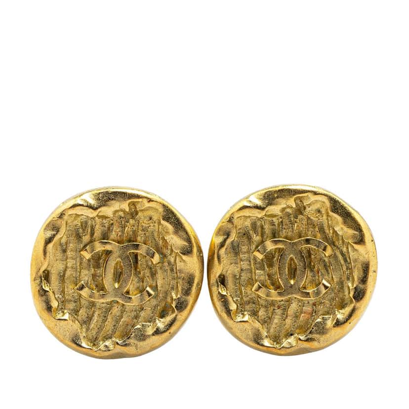 Chanel Gold Plated CC Round Clip on Earrings Gold Metal Good condition - Front View
