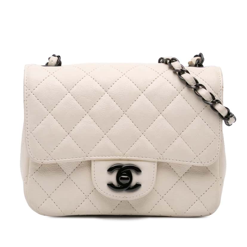 Chanel Mini Square Classic Crumpled Calfskin Single Flap White Leather Very good condition - Front View