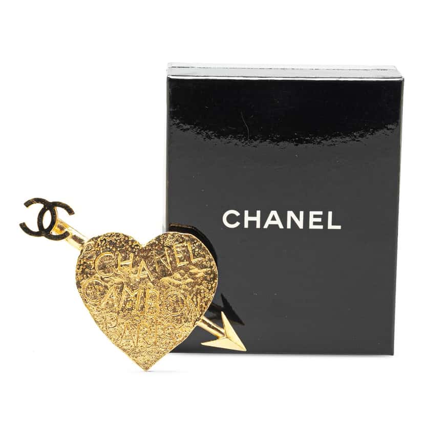 Chanel Gold Plated CC Arrow and Heart Brooch Gold Metal Good condition - Box View