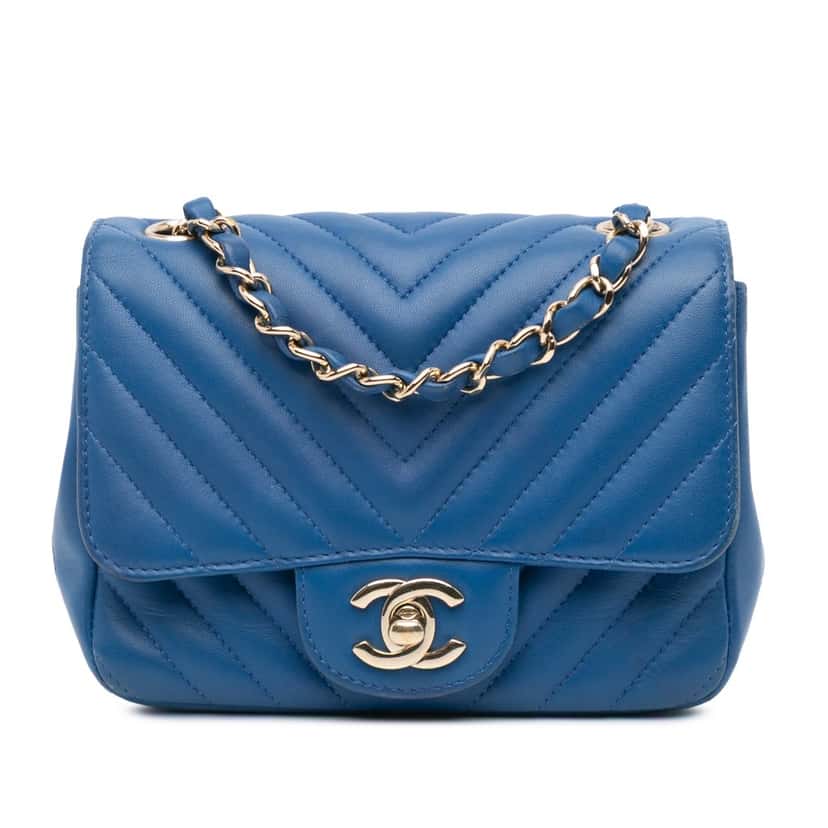 Chanel Mini Square Classic Chevron Lambskin Single Flap Blue Leather Good condition - Front View