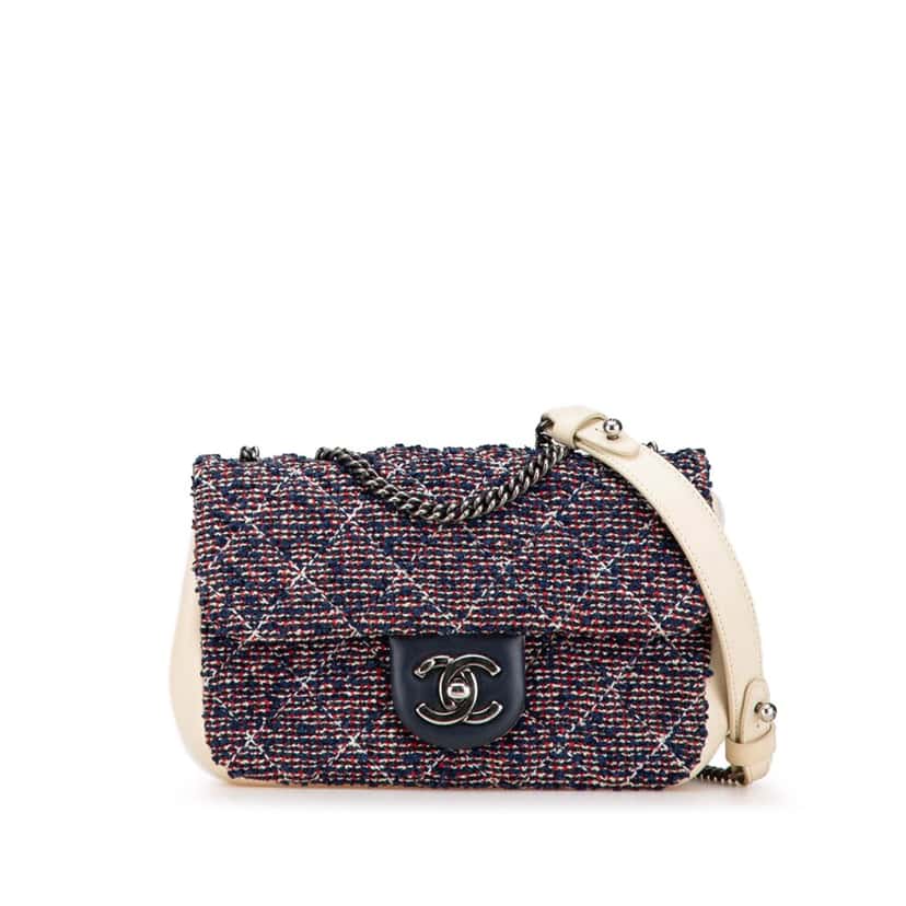 Chanel Mini Rectangular Tweed Single Flap Blue Tweed Very good condition - Front View