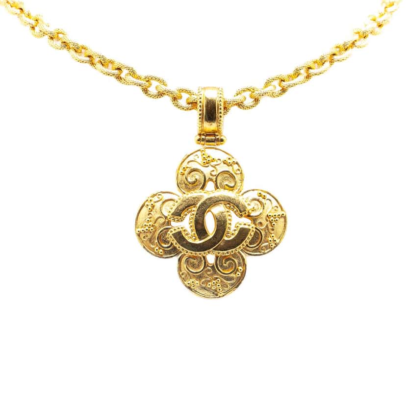 Chanel Gold Plated CC Clover Pendant Necklace Gold Metal Good condition - Front View