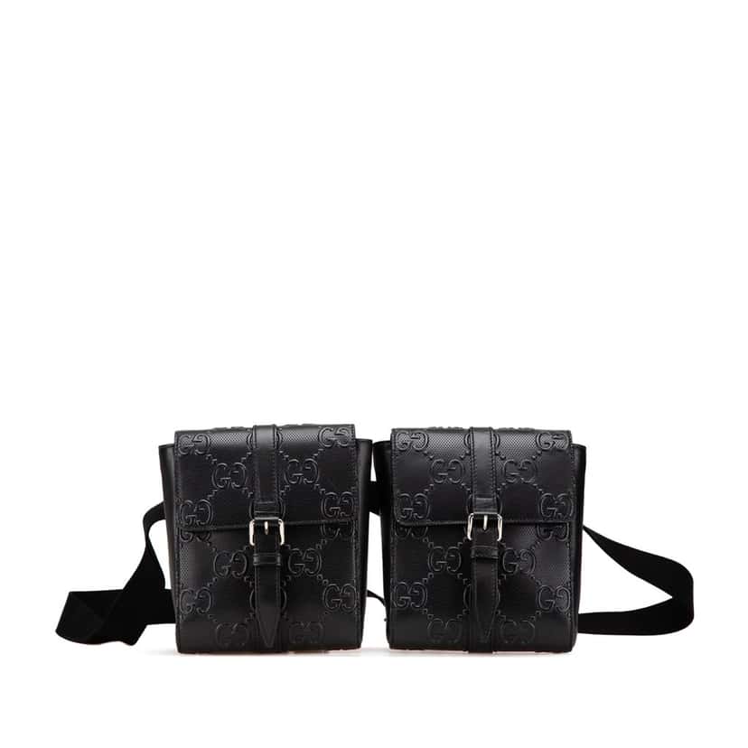 Gucci GG Embossed Perforated Double Belt Bag Black Leather Very good condition - Front View