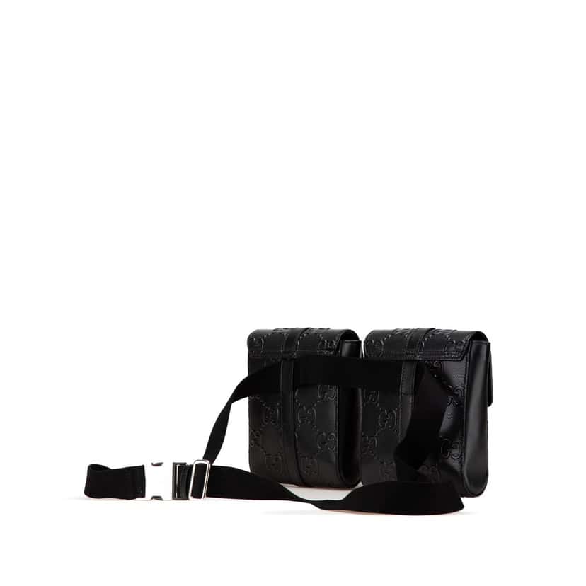 Gucci GG Embossed Perforated Double Belt Bag Black Leather Very good condition - Back View