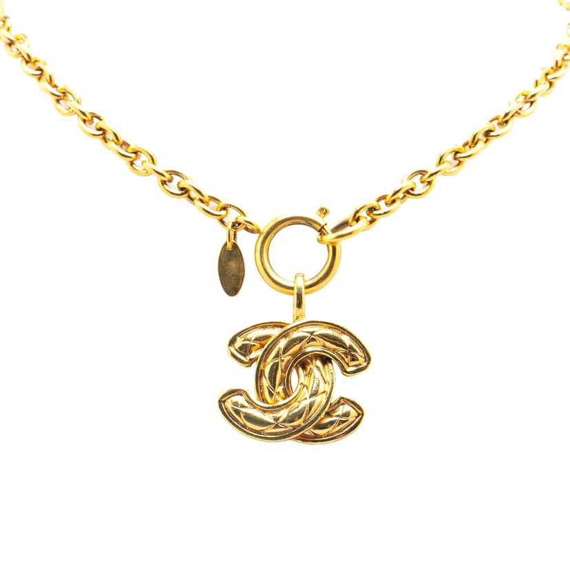 Chanel Gold Plated CC Quilted Pendant Necklace Gold Metal Good condition - Front View