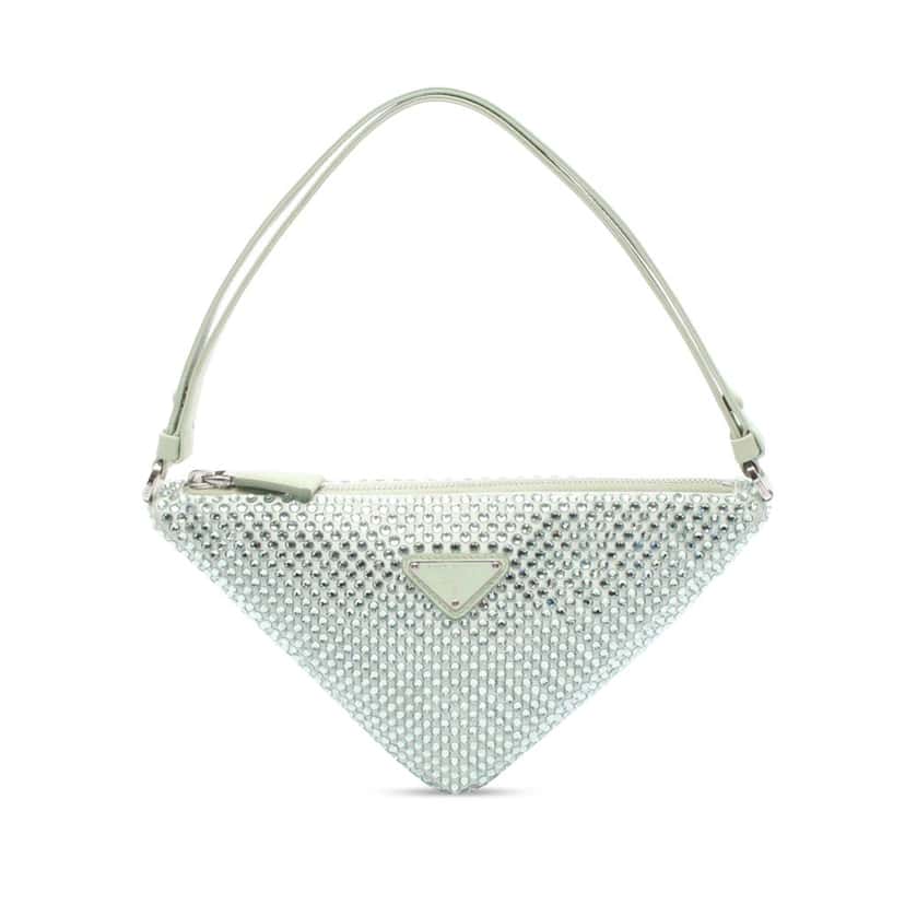 Prada Satin Crystal Embellished Triangle Pouch Green Satin Good condition - Front View