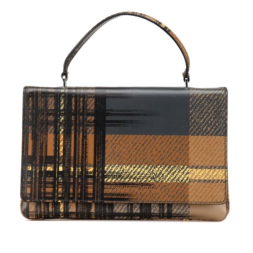 Prada Saffiano Tartan Print Top Handle Bag Brown Leather Good condition - Front View