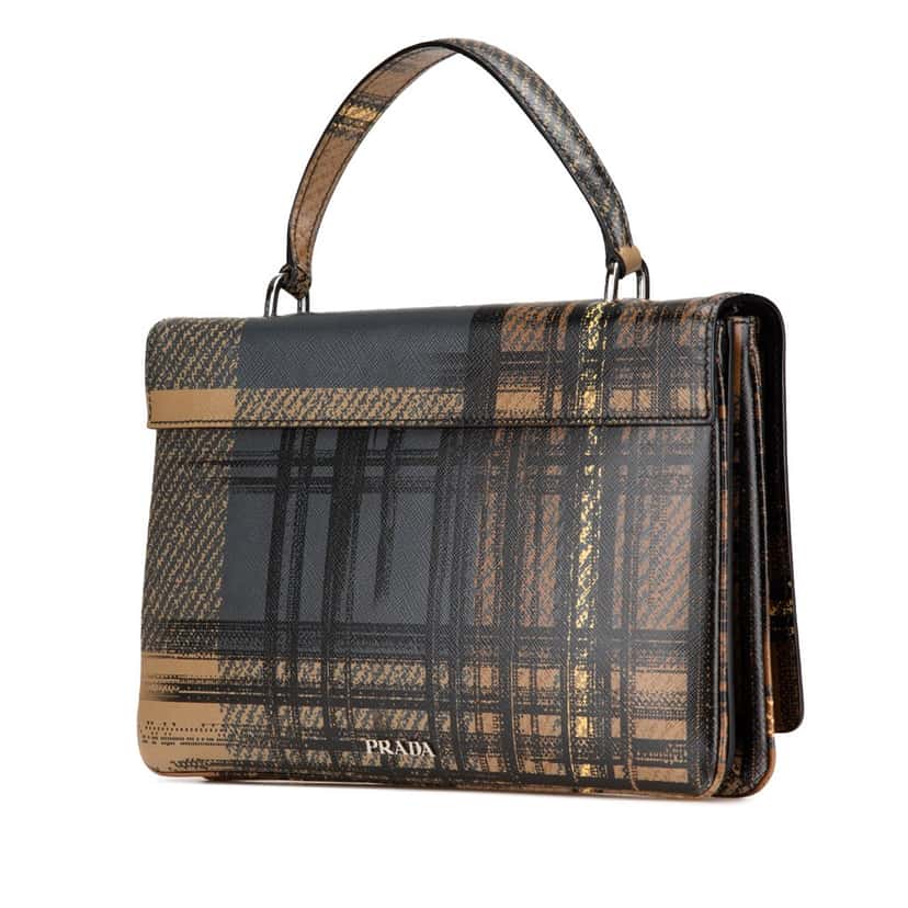 Prada Saffiano Tartan Print Top Handle Bag Brown Leather Good condition - Back View