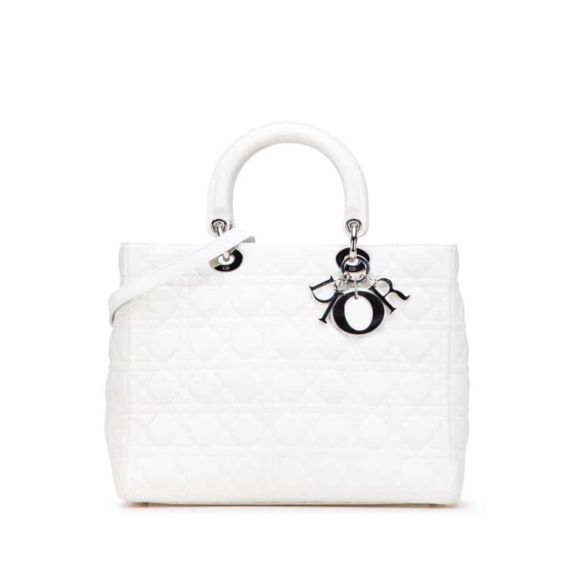 Dior Large Lambskin Cannage Lady Dior White Leather Good condition - Front View