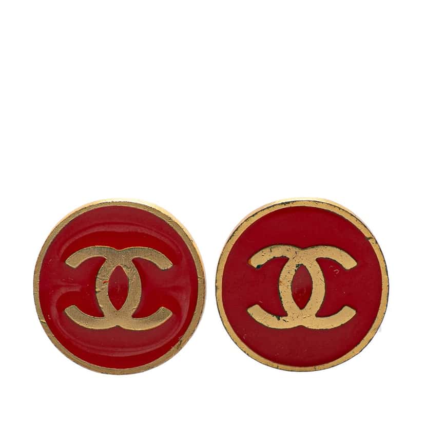 Chanel CC Gold Plated Enamel Button Clip on Earrings Gold Metal Good condition - Front View