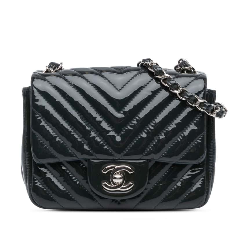 Chanel Mini Square Classic Chevron Patent Flap Blue Leather Very good condition - Front View