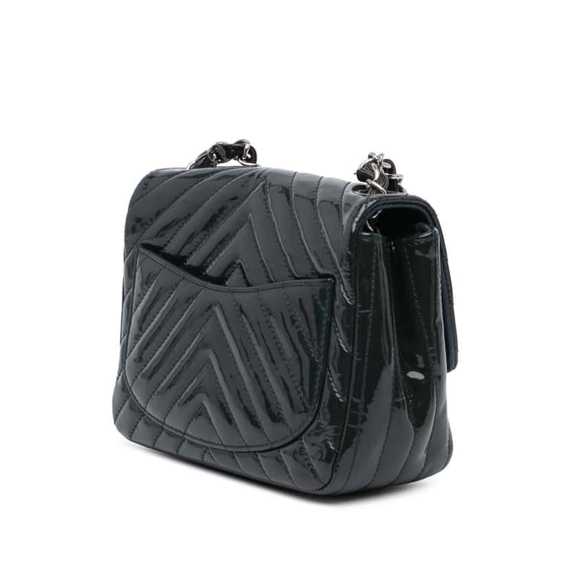 Chanel Mini Square Classic Chevron Patent Flap Blue Leather Very good condition - Back View