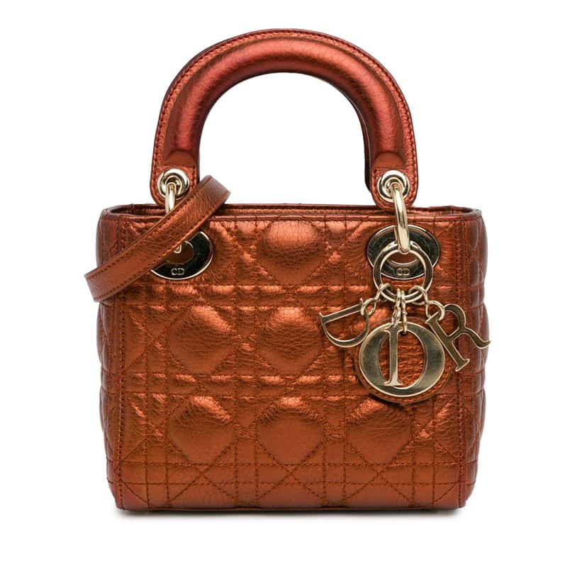 Dior Mini Metallic Calfskin Cannage Lady Dior Brown Leather Good condition - Front View