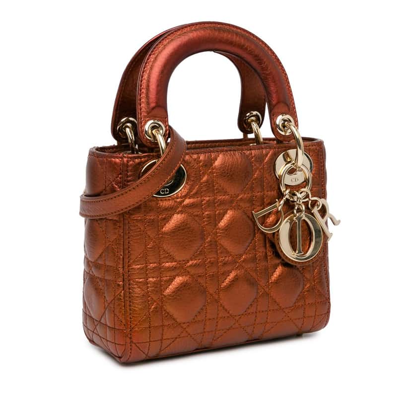 Dior Mini Metallic Calfskin Cannage Lady Dior Brown Leather Good condition - Back View