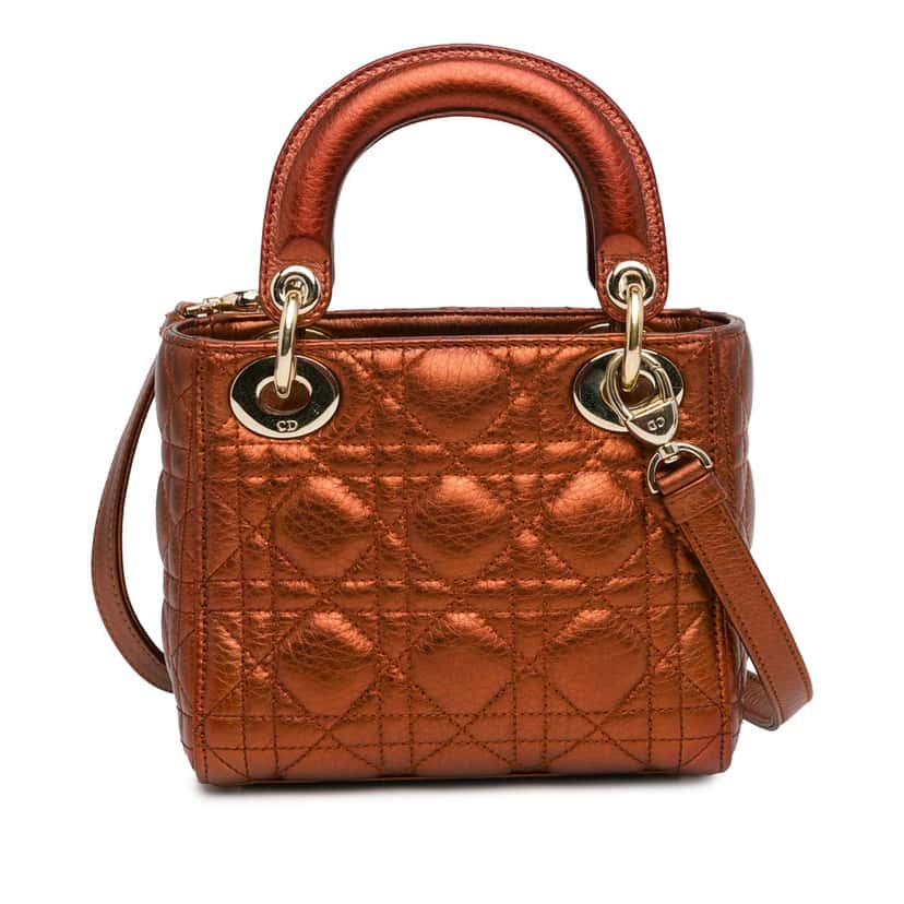 Dior Mini Metallic Calfskin Cannage Lady Dior Brown Leather Good condition - Inside View