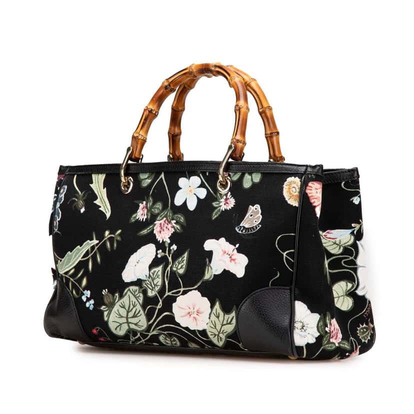 Gucci Medium Canvas Bamboo Shopper Flora Knight Satchel Black Canvas Good condition - Back View