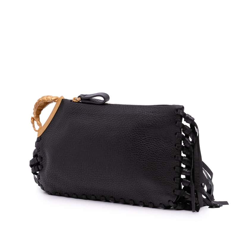 Valentino Grained Calfskin C Rockee Zodiac Fringe Clutch Black Leather Good condition - Back View