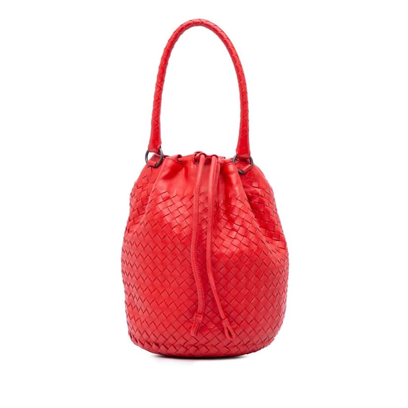 Bottega Veneta Nappa Intrecciato Drawstring Bucket Bag Red Leather Good condition - Front View