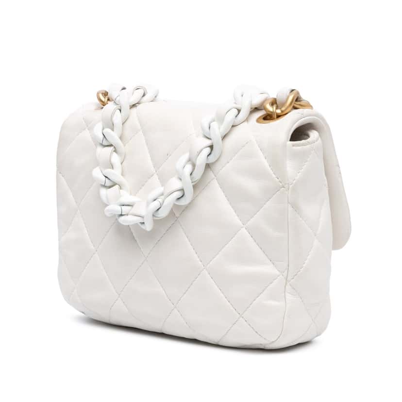 Chanel Mini Quilted Lambskin Lacquered Chain Flap White Leather Good condition - Back View
