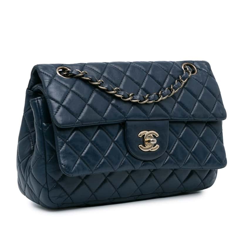 Chanel CC Quilted Lambskin Double Flap Blue Leather Good condition - Back View